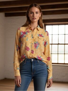 Roper Women's Button Down Shirt - Yellow with Pink and Blue Floral